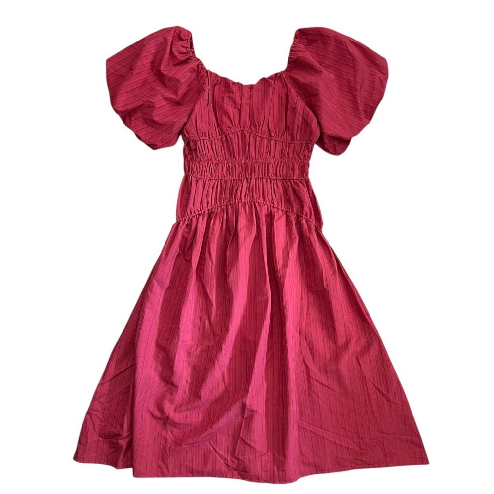 Wishing Waves Puff Sleeve‎ Shirred Midi Dress Pink Size L Cottagecore Princess